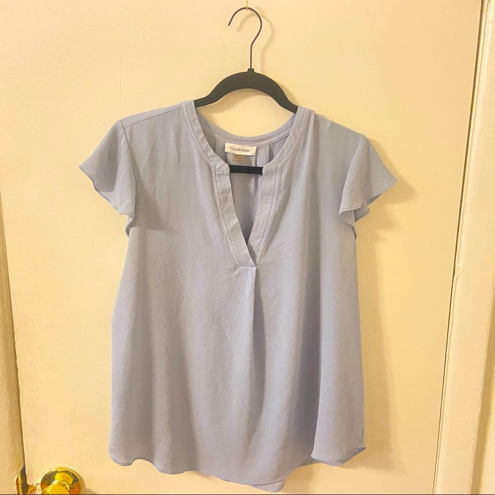 Baby Blue Short Sleeve V-Neck Blouse by Calvin Klein